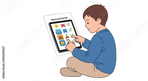 Young boy playing approved educational games on a tablet.