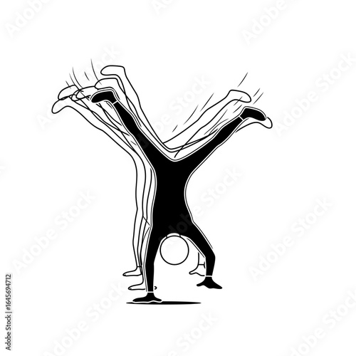 A stylized illustration shows a person performing a handstand, with motion lines suggesting dynamic movement and energy, ideal for design projects needing an active and energetic visual.