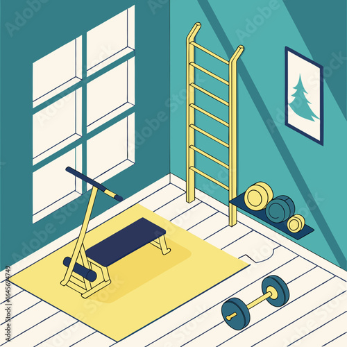 Home Gym with Adjustable Bench Barbell and WallMounted Ladder.