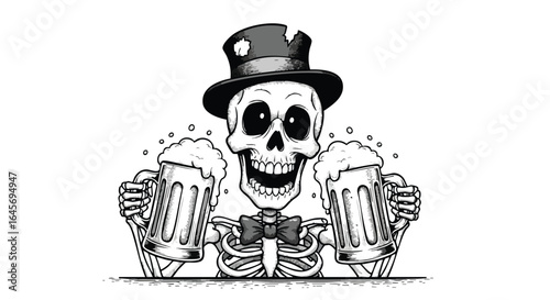 A jovial skeleton in a top hat cheerfully raises two beer steins.