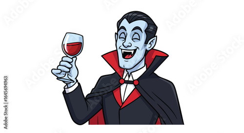 A jovial cartoon vampire raises a glass of red wine, showcasing a cheerful and playful expression.