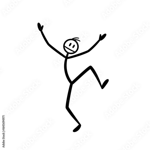 A cheerful black stick figure with arms raised and one leg lifted, joyfully dancing or celebrating against a clean white background.