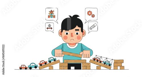 Young boy thinking and building a bridge with wooden blocks.