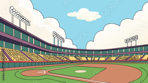 Illustrated Baseball Stadium with Bleachers Field and Floodlights.