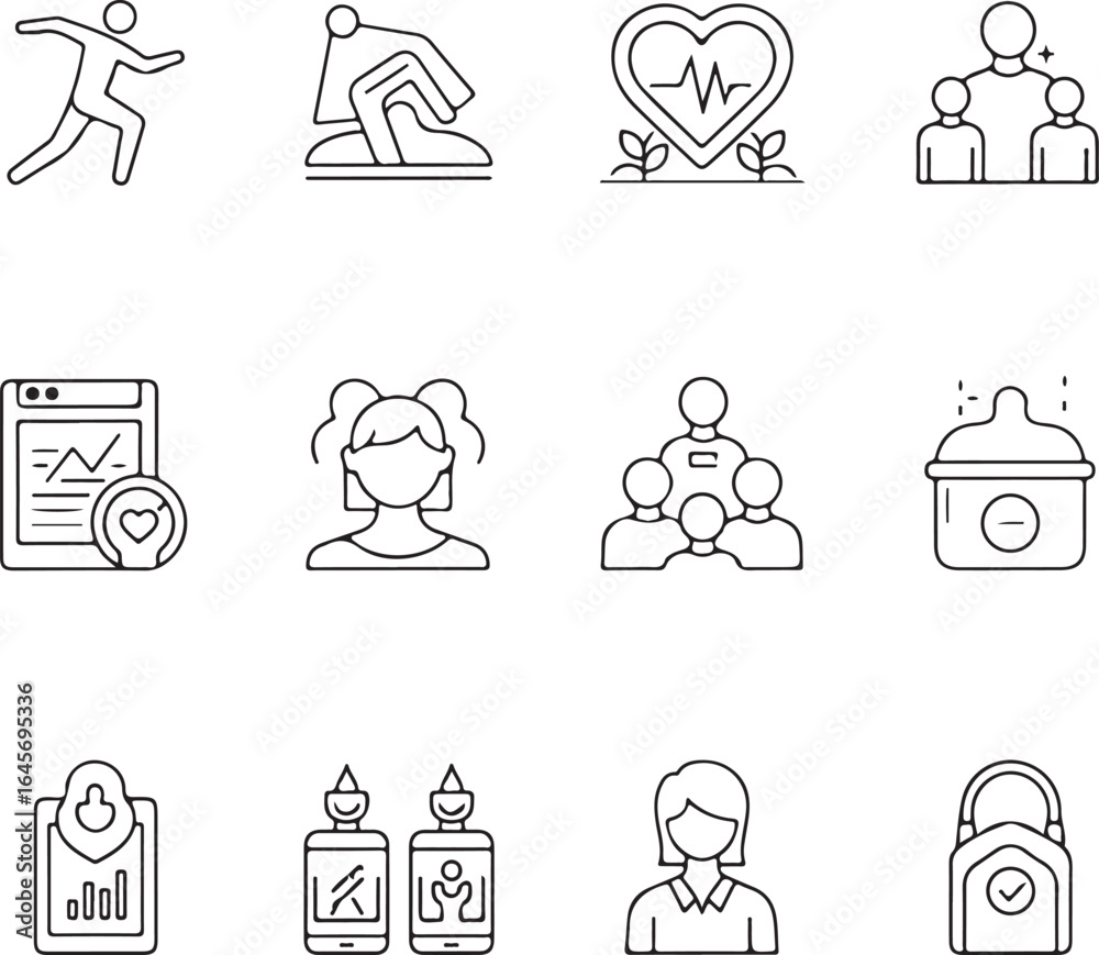 Fototapeta premium Collection of wellness icons representing physical activity, mental wellbeing, social connection, healthy habits, and more, isolated on white background