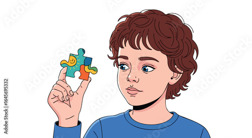 Young boy with brown hair holding a colorful jigsaw puzzle piece.