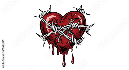 A red heart is pierced and wrapped with barbed wire, with blood dripping down.