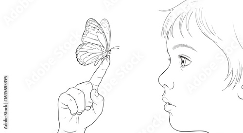 Young child amazed by a butterfly on their finger.