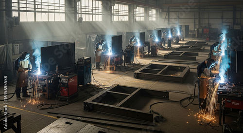 A spacious industrial welding workshop with multiple welding stations