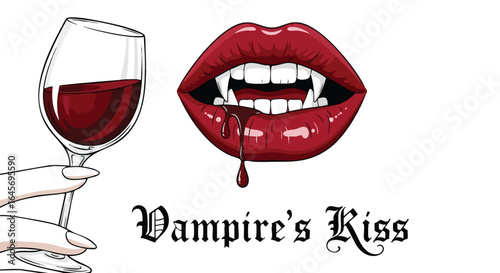 A stylized image shows a hand holding a glass of red wine next to vampire lips with dripping blood.