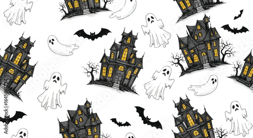 Halloween themed pattern with haunted houses, bats, and ghosts on a white background.