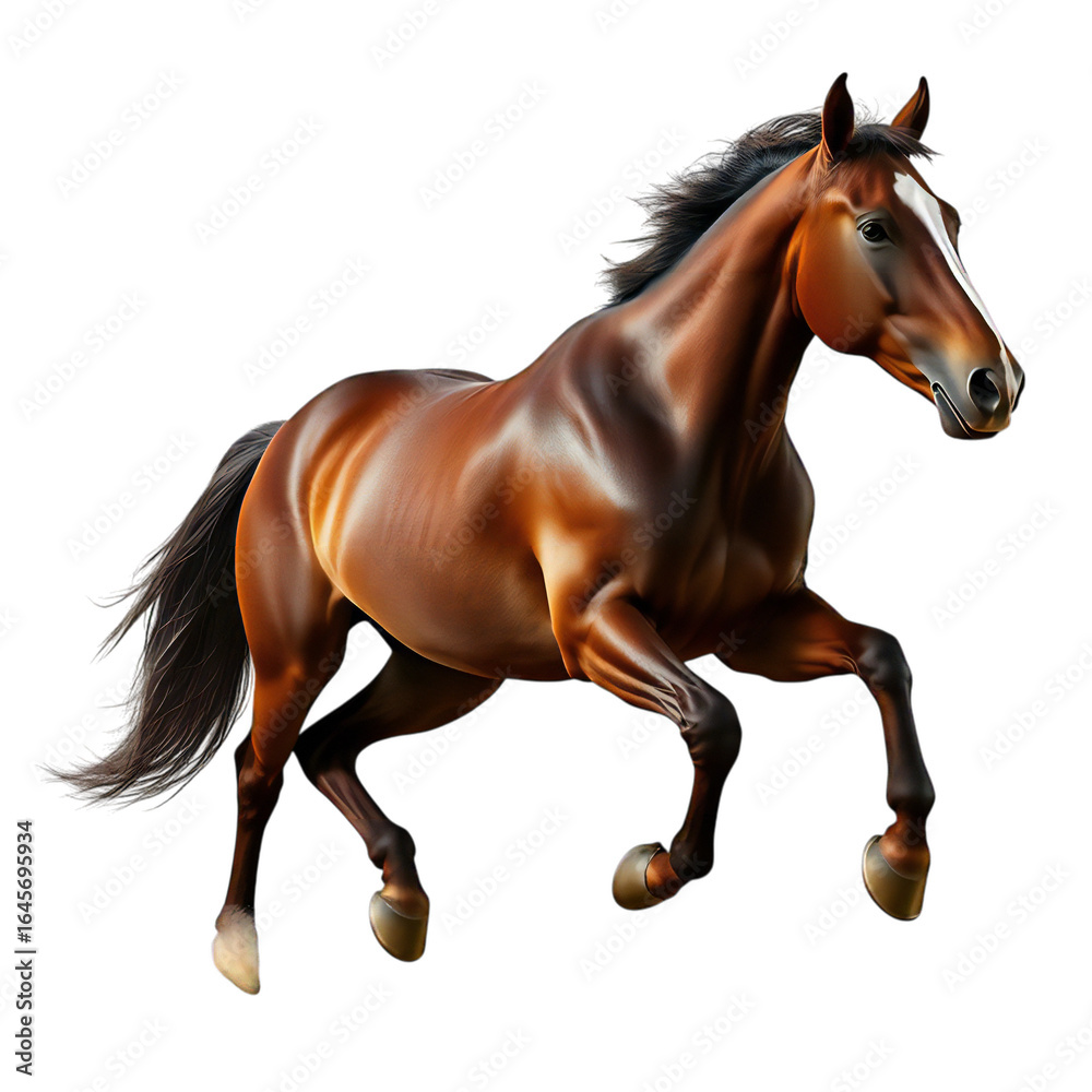 Fototapeta premium A beautiful brown horse with a flowing mane and tail, captured in midstride, showcasing its powerful muscles and elegant form, isolated on a transparent background