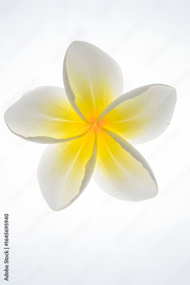 Fototapeta premium Isolated Close-Up of a Yellow and White Frangipani Bloom on White Background