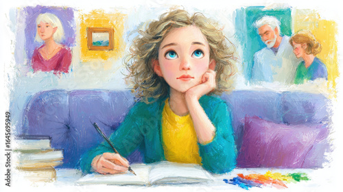 Home sick, A girl sketches her family in a sketchbook, expressing homesickness through her artwork.