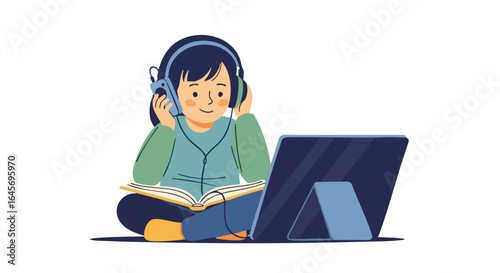 Young girl studying with headphones book and tablet.