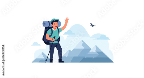 Young Male Hiker Waving on a Mountain Adventure.