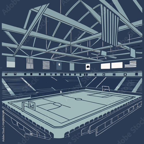Indoor Sports Arena with Bleachers and Playing Field.
