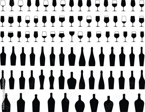 Collection of Various Wine Glasses and Bottles in Different Shapes and Sizes for Elegant Bar or Restaurant Decor