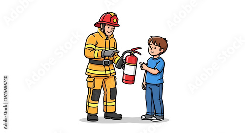 Friendly firefighter showing a child a fire extinguisher; safety lesson illustration, cartoon style, bright colors, against a white background.