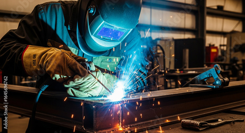 Ultra realistic photo of a professional welder performing SMAW welding on a steel beam