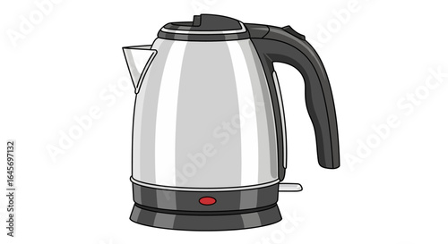 Studio shot of a stainless steel electric kettle with a black handle and base, against a white background, showcasing its sleek design and metallic finish.