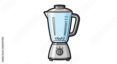 Flat lay illustration of a light blue blender with a metallic base against a white background, showcasing a simple and clean design with pastel colors.