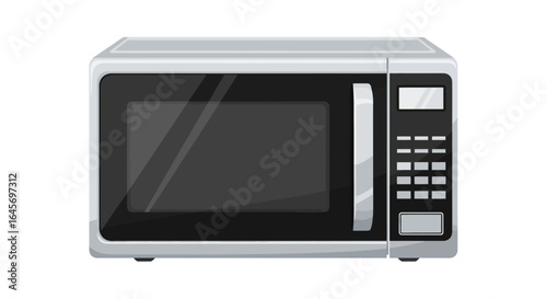 Front view of a silver microwave oven with a black door and digital keypad against a white background, showcasing a clean and modern appliance design.