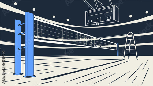 Indoor Volleyball Court with Net Posts and Ladder.