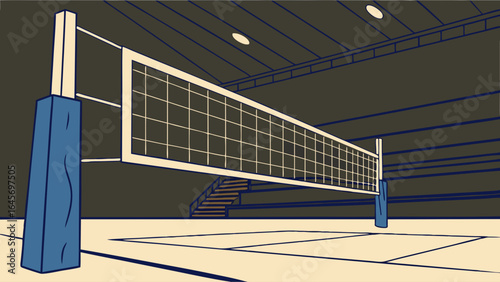 Indoor Volleyball Net with Blue Posts and Beige Court.