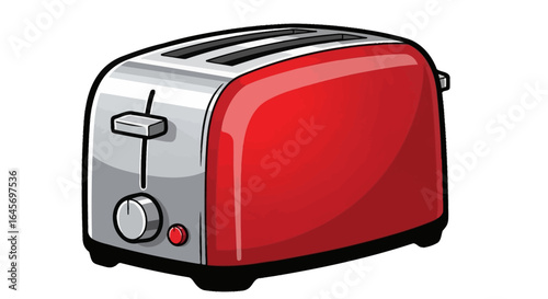 Close-up studio shot of a red and silver two-slice toaster against a white background, showcasing its retro design with a warm, inviting mood.