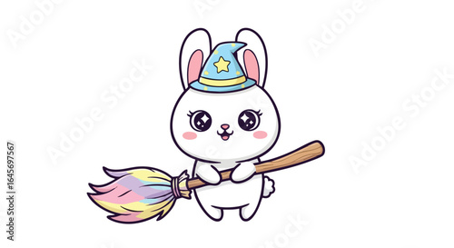 A cute cartoon bunny wearing a wizard hat and holding a colorful broom.