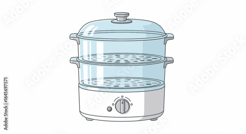 Studio shot of a two-tiered glass electric steamer against a white background, showing a simple cooking appliance with a minimalist design and a clean aesthetic.