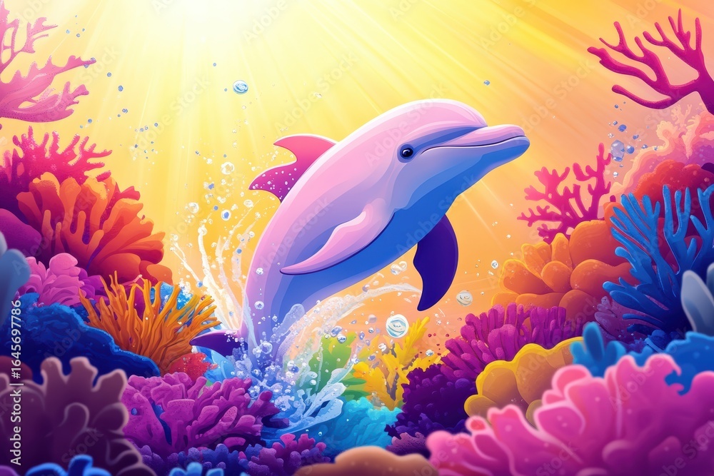 Obraz premium Dolphin swimming through colorful coral reefs in a vibrant underwater world