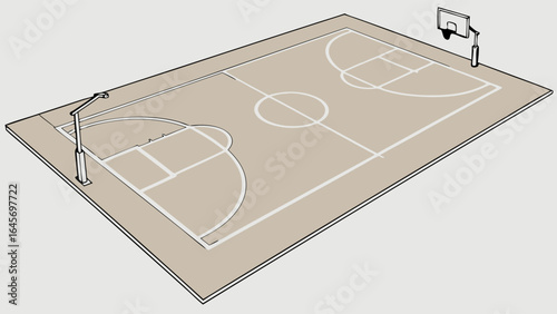 Isometric Illustration of a Beige Basketball Court with White Lines and Lighting.