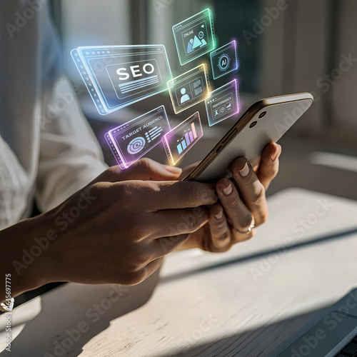 Mobile SEO Optimization with Digital Marketing Icons on Smartphone