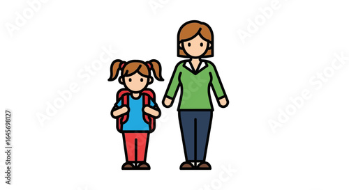 Flat illustration of a mother and daughter wearing casual clothes, standing together against a white background, conveying a calm and heartwarming mood.