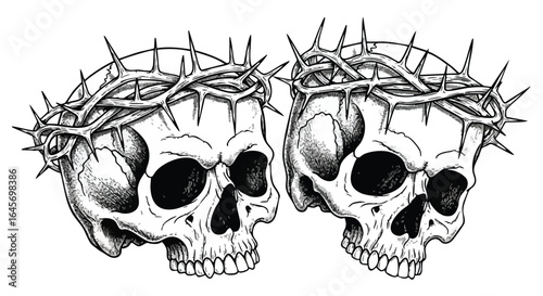 Two skulls adorned with thorny crowns, a symbolic image of suffering or martyrdom.