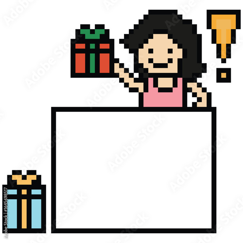 Pixel art cartoon 8bit character cute woman give gift box birthday christmas bonus reward surprise decoration 8 bit female girl give gift box shopping bonus christmas day game png vector.