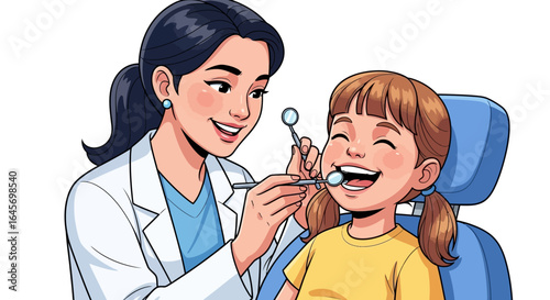 Smiling female dentist examining a happy young girl's teeth with dental tools in a bright, cheerful cartoon illustration against a white background.