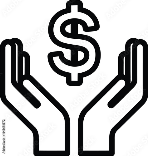 Black contour dollar sign hovers above two flat open upward facing hands