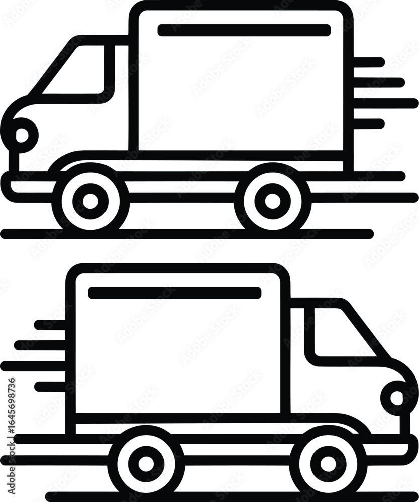 Fototapeta premium Two express delivery trucks speed along with motion lines, conveying urgent transportation, transparent background