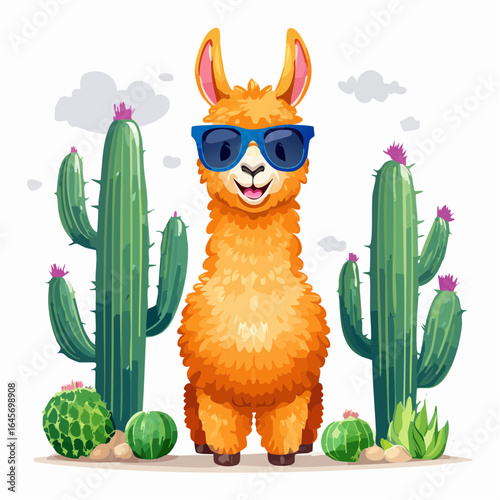A cool cartoon llama wearing sunglasses stands in a vibrant desert landscape surrounded by saguaro cacti.