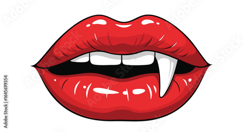 Vivid red lips with a prominent vampire fang, set against a clean white background.