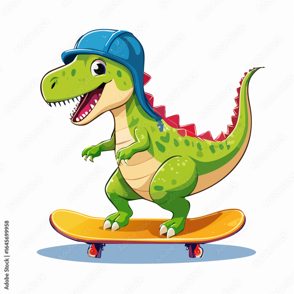 Obraz premium Cute cartoon T-Rex dinosaur character riding a skateboard. A fun and cool prehistoric animal illustration for kids.