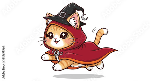 A cartoon cat wearing a witch hat and red cape is floating in the air with a happy expression.