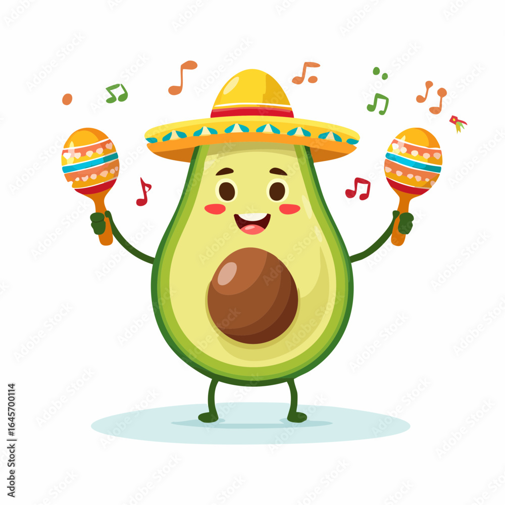 Fototapeta premium A cheerful cartoon avocado character wearing a sombrero and playing colorful maracas for a Mexican fiesta celebration.