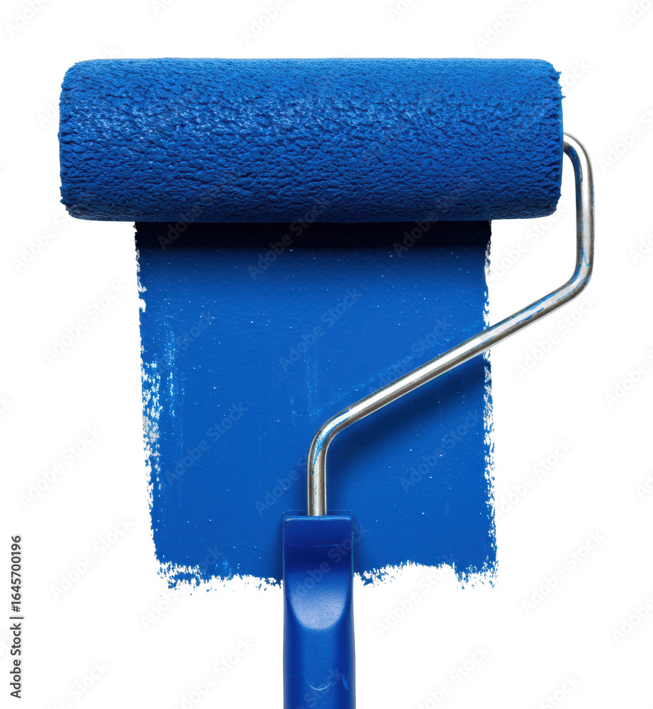 Obraz premium Painting action with blue roller home space capture indoor setting creative concept. Cut out png