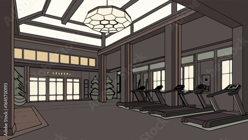 Modern Fitness Center Interior Row of Sleek Treadmills in a Stylish Gym.