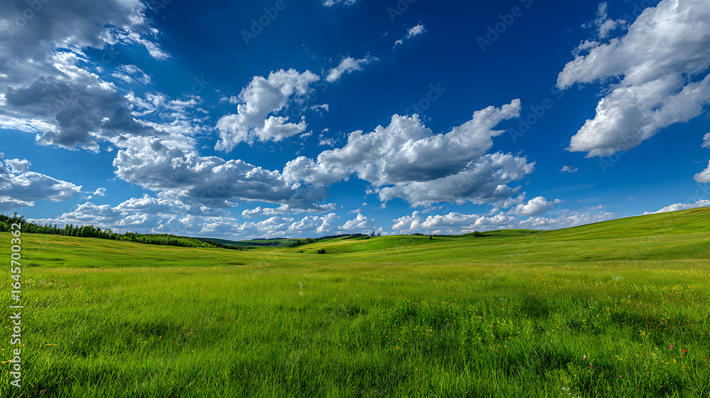 A vibrant green meadow under a clear blue sky speckled with white fluffy clouds A vibrant green meadow under a clear blue sky speckled with white fluffy clouds