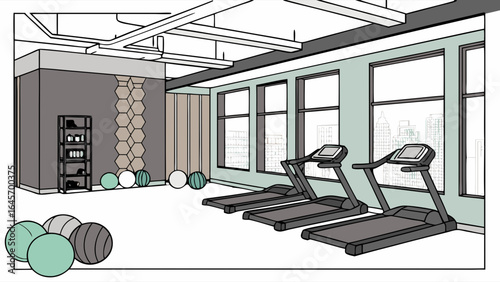 Modern Gym Interior with Three Treadmills and Exercise Balls.